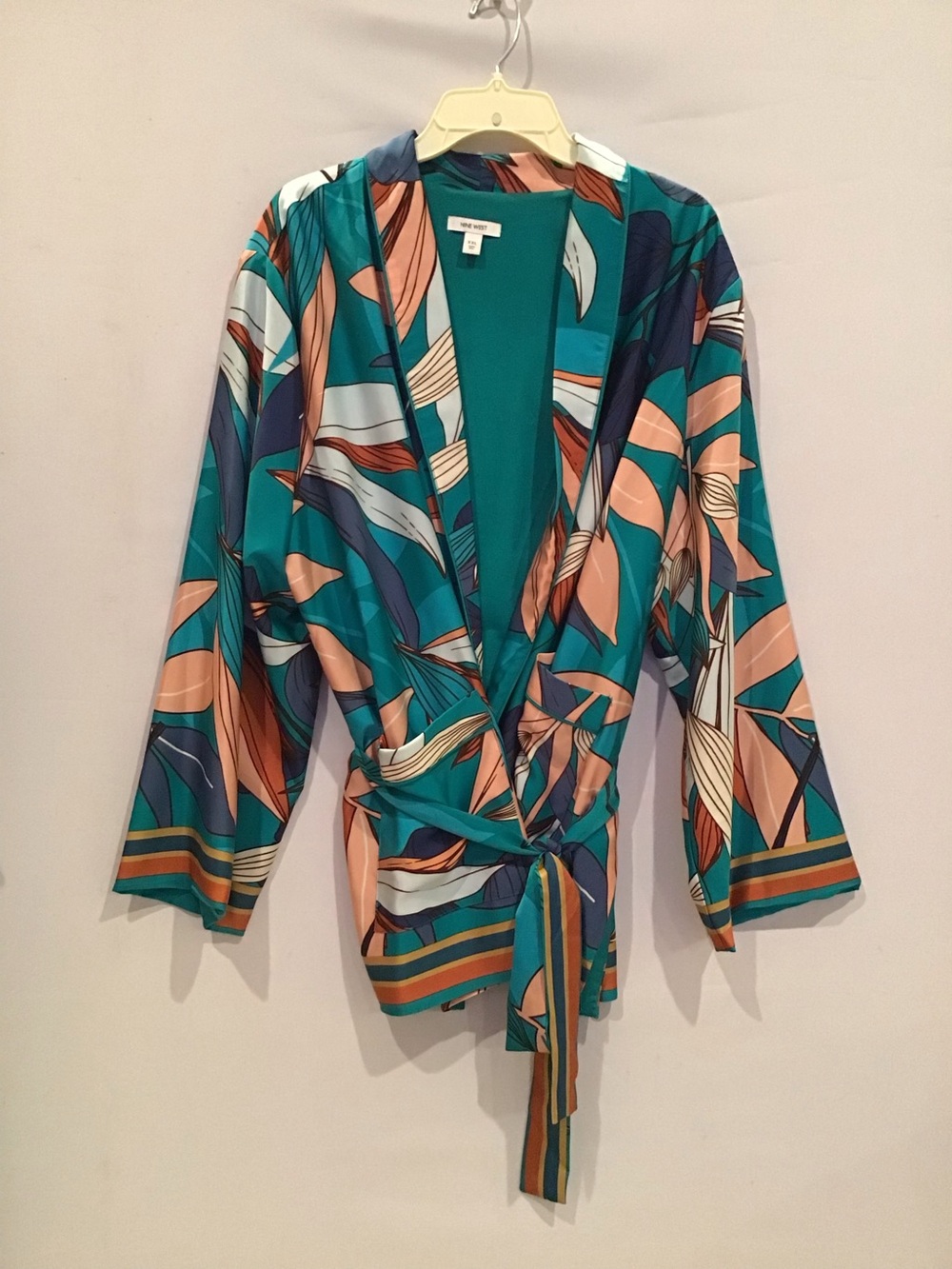 419 Nine West Teal and Peach Satin Tie-Waist Jacket
